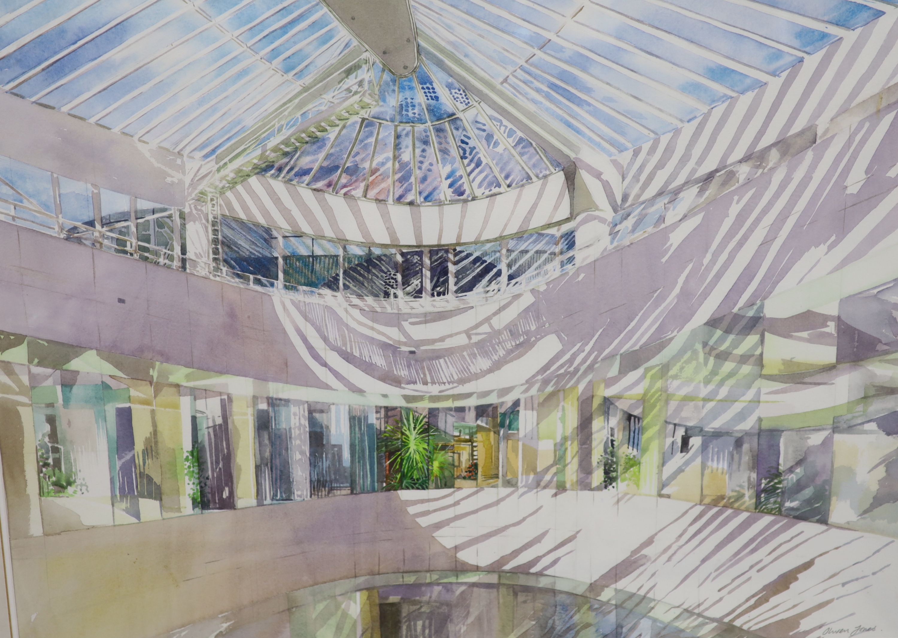 Olwen Jones (1945-), watercolour, Architectural study - Interior Whitefriars, signed, 54 x 71cm a Daphne Sandham, limited edition print